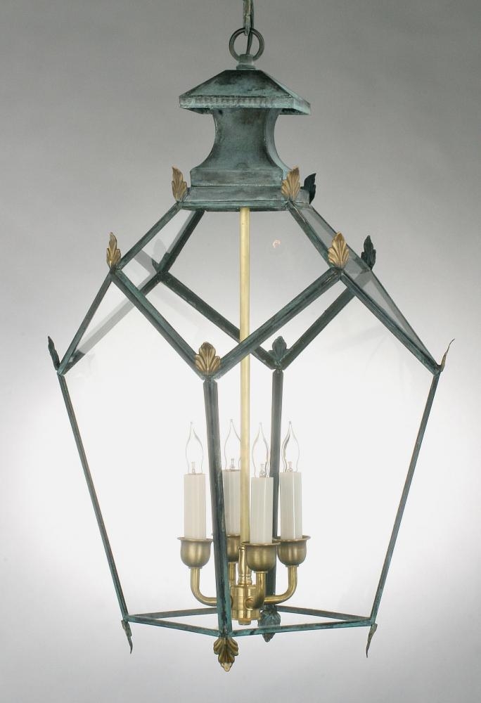 Pendant Light Verdigris Finish Leaf Accents Verdigris Glass Lantern