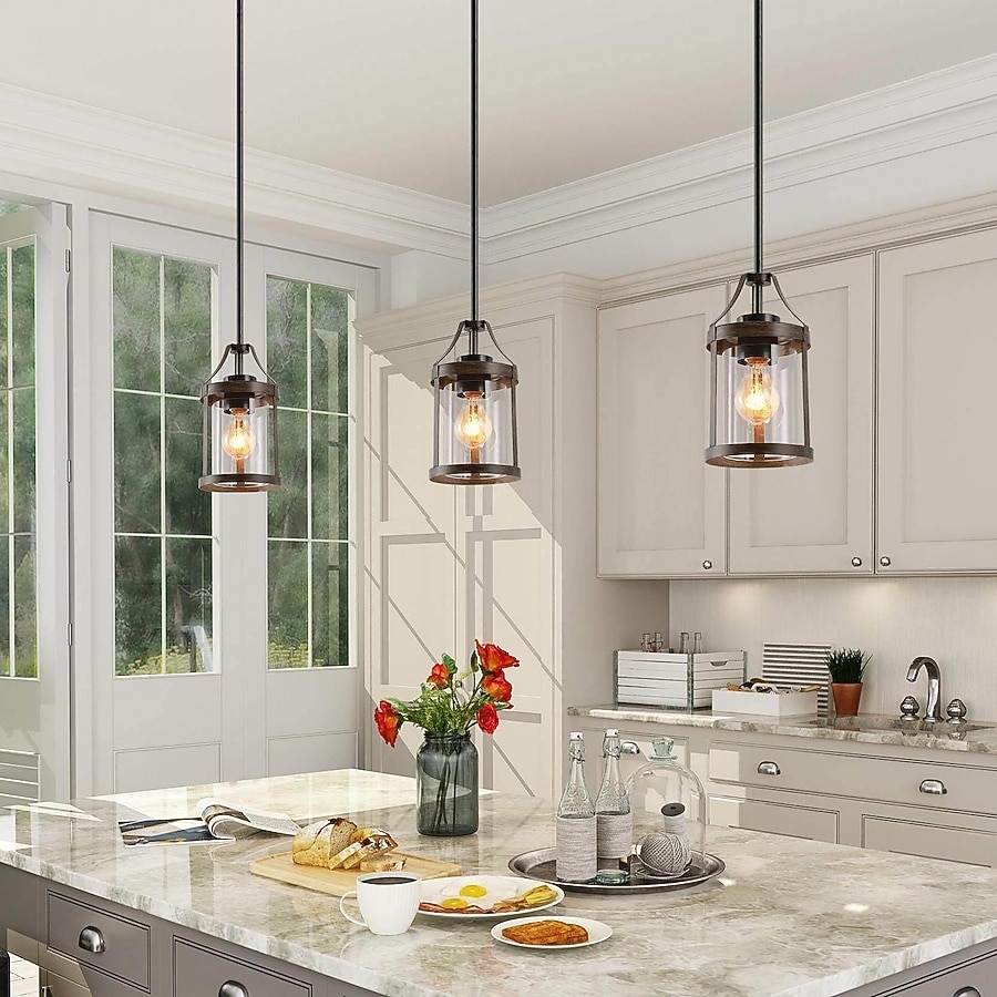 Pendant Light Wood Toned Accents Mini Lantern Trio Set