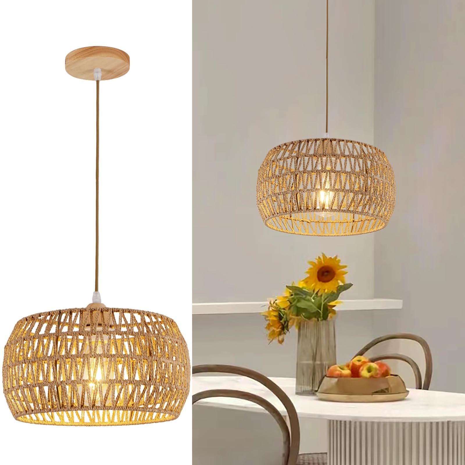 Pendant Light Woven Geometric Shade Wood Ceiling Base