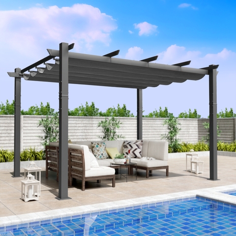 Pergola with Charcoal Frame and Retractable Wave Shade