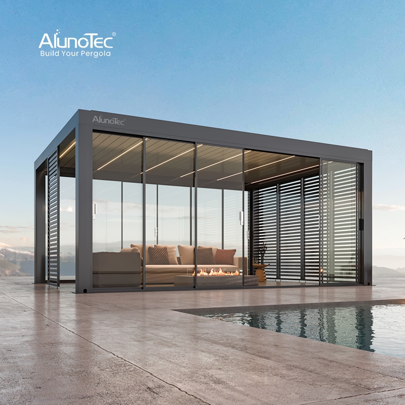 Pergola with Integrated LEDs: Weatherproof Sliding Glass Doors