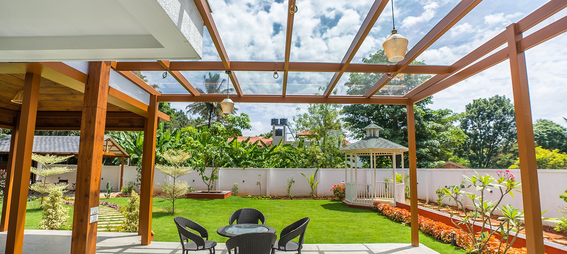 Pergola with Wood Toned Beams: Modern Outdoor Seating Area