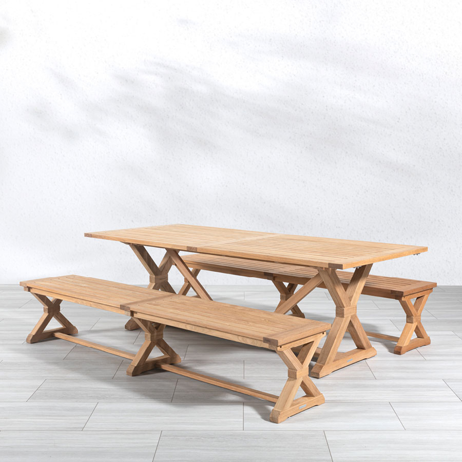 Picnic Table Set: 8ft Wooden Garden Table and Slatted Teak