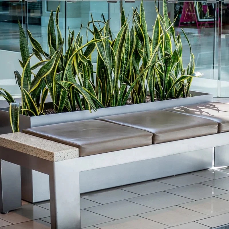 Planter Bench: Brushed Metal Frame Commercial Plant Seating