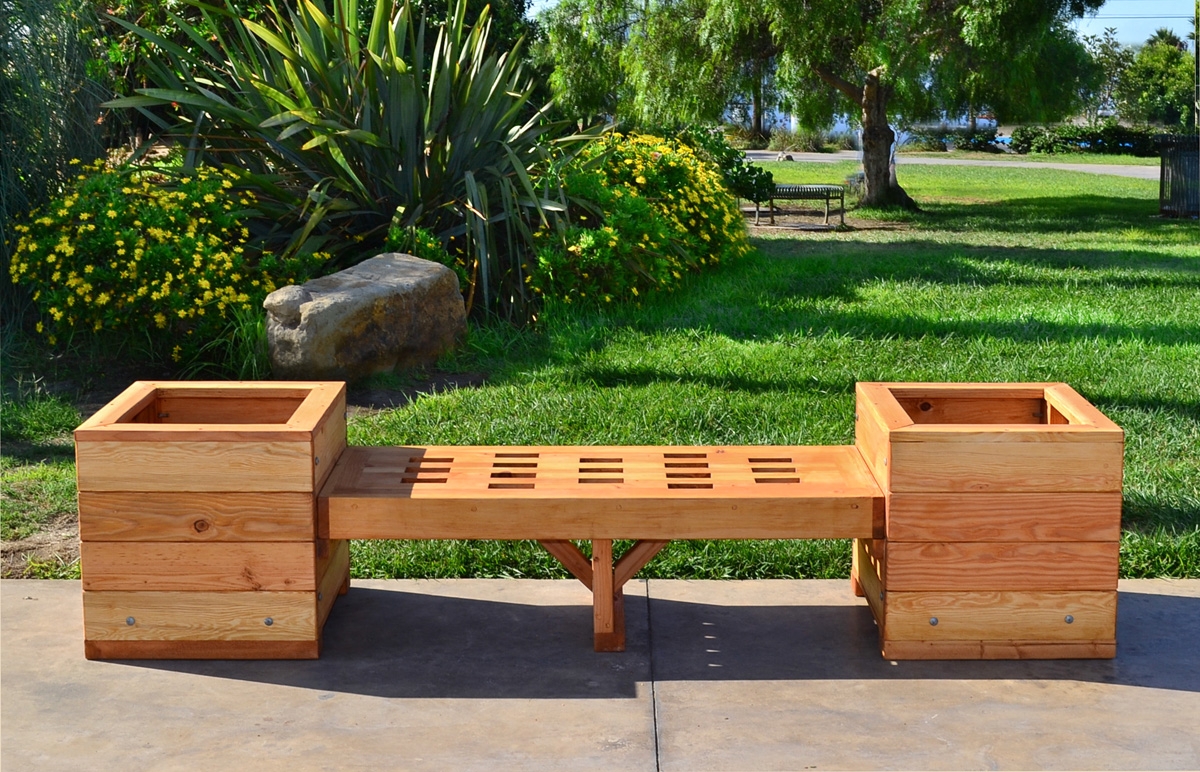 Planter Bench with Slotted Seat Redwood Garden Seating