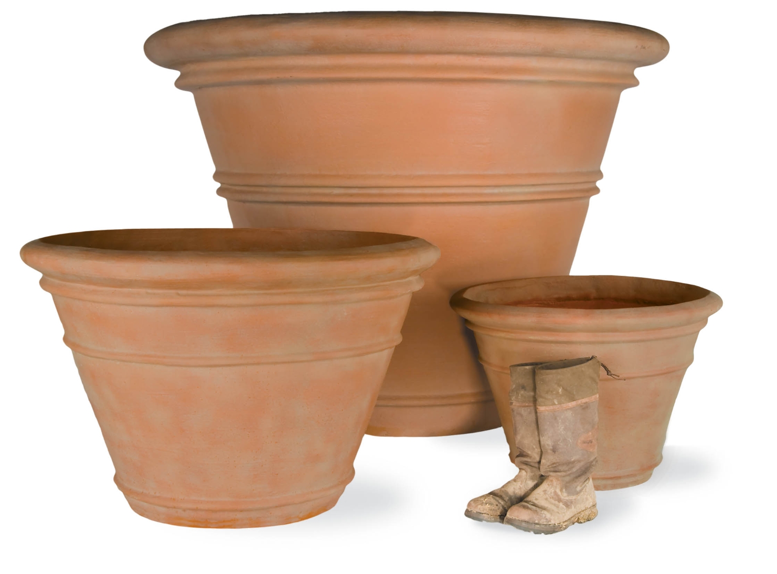 Planter Set with Concentric Bands Rolled Rim Clay Pots
