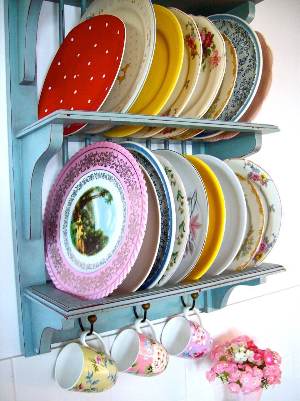 Plate Rack Distressed Blue Finish - Cottagecore Kitchen Wall Storage
