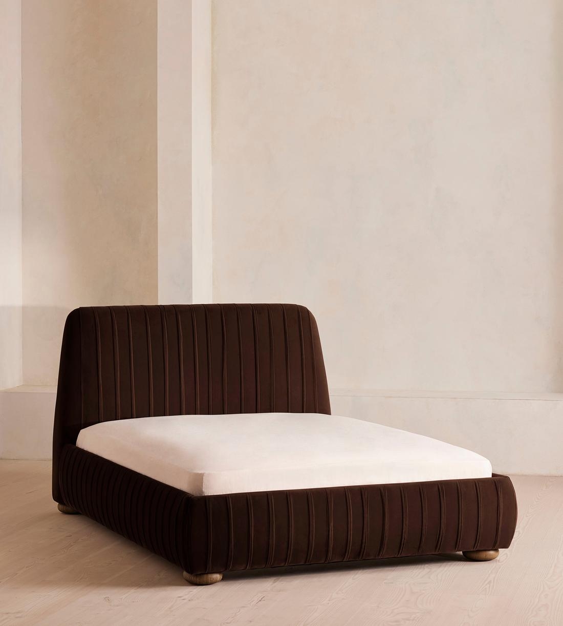 Platform Bed: Art Deco Channel Tufted Velvet Bun Feet