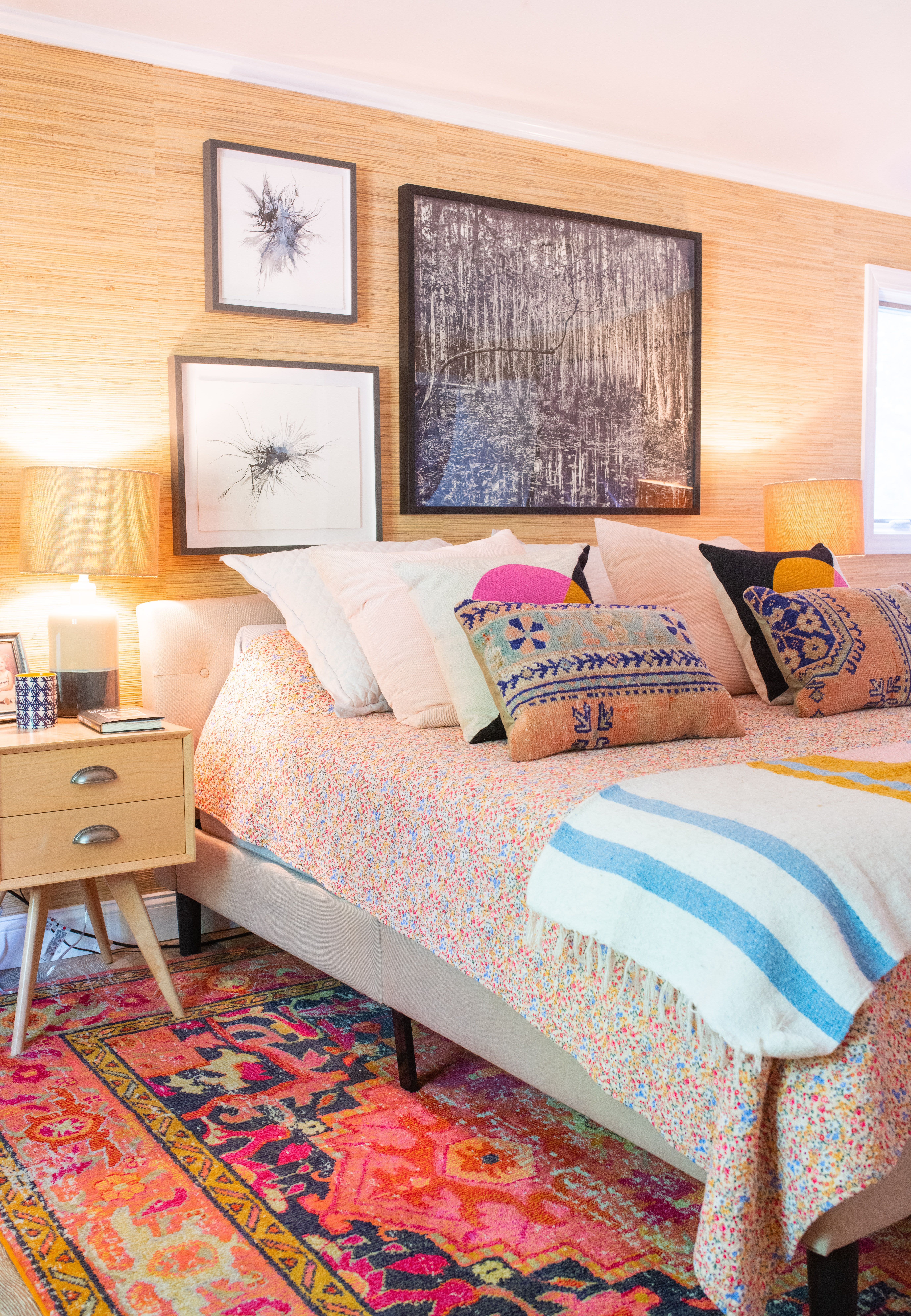 Platform Bed Asymmetrical Gallery Wall Bohemian Rug