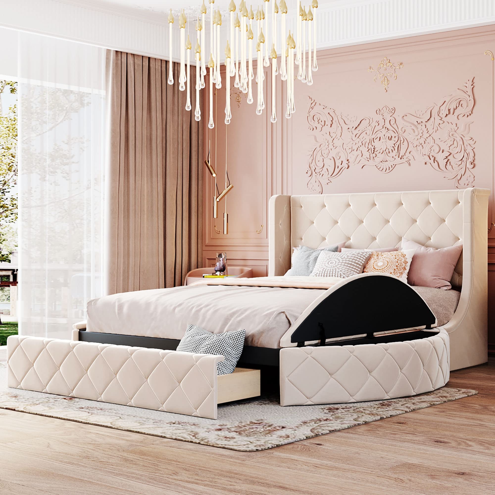 Platform Bed Beige Side Storage Stools Wingback Tufted