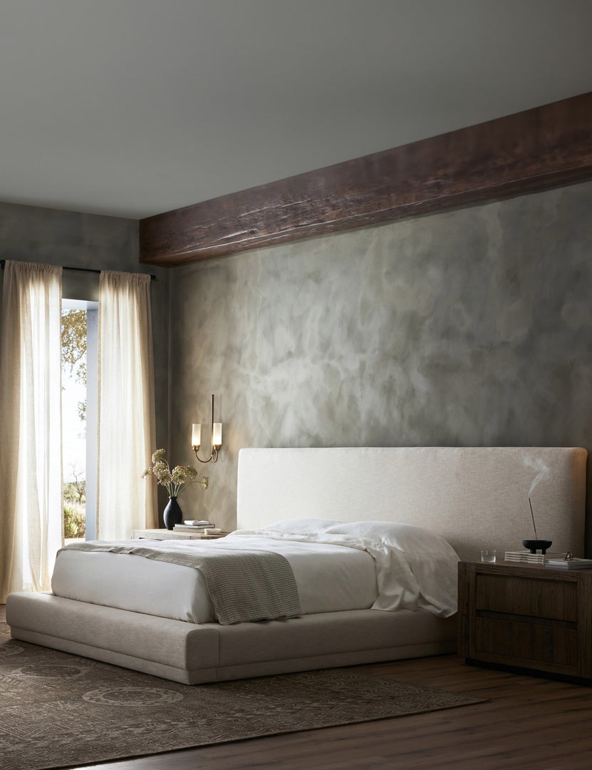 Platform Bed Beige Textured Upholstery Extended Headboard