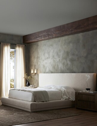 Platform Bed Beige Textured Upholstery Extended Headboard