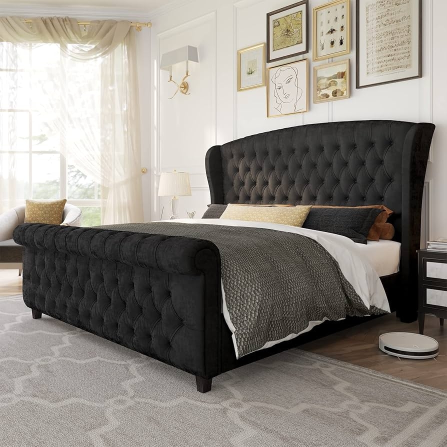 Platform Bed: Black Wingback Tufted Platform Bed Frame