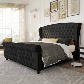Platform Bed: Black Wingback Tufted Platform Bed Frame