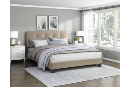 Platform Bed: Brown Velvet Tufted Headboard Square Stitch