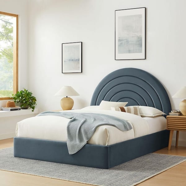 Platform Bed Cadet Blue Arched Headboard Concentric Seams
