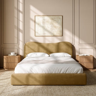 Platform Bed: Camel Velvet Scalloped Headboard Fluted