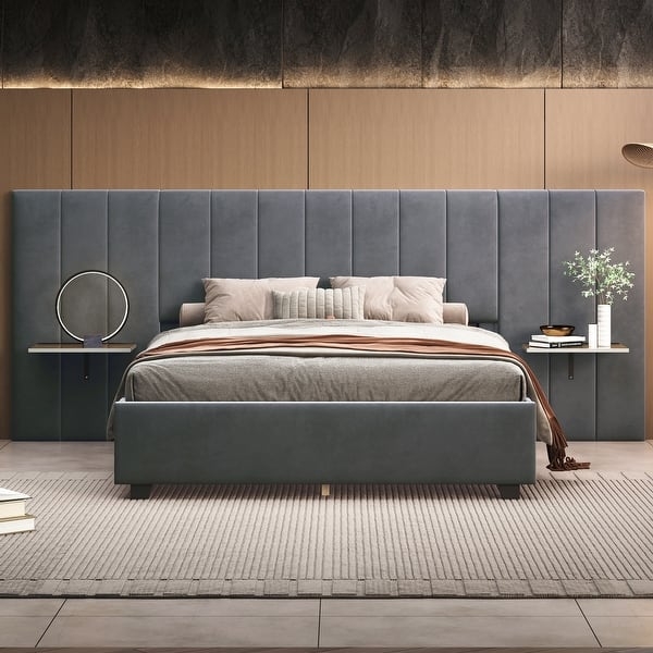 Platform Bed Charcoal Channel Tufting Headboard Floating Shelves