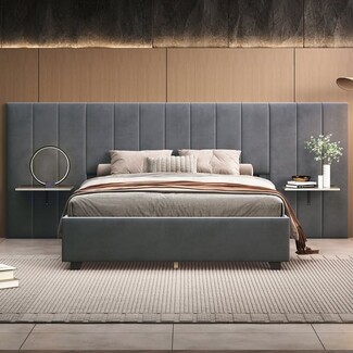 Platform Bed Charcoal Channel Tufting Headboard Floating Shelves