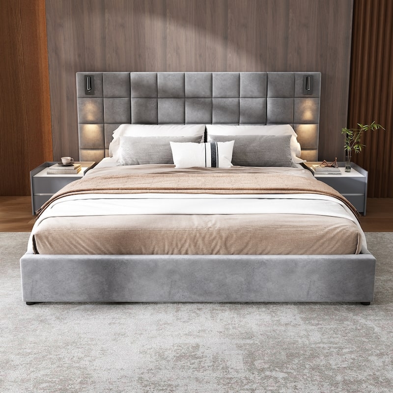 Platform Bed Charcoal Grey Square Tufted Grid Integrated Lamps