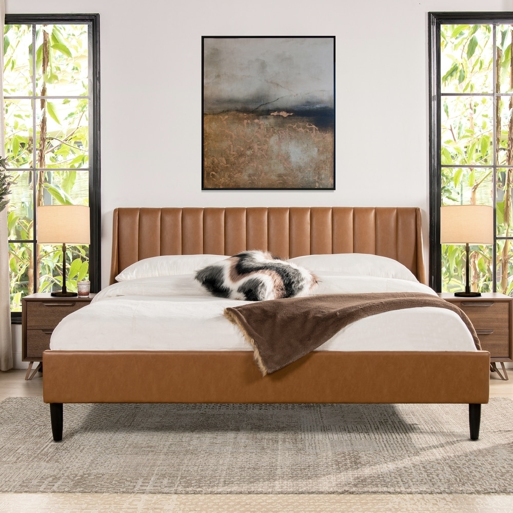 Platform Bed: Cognac Upholstery Tapered Black Peg Legs
