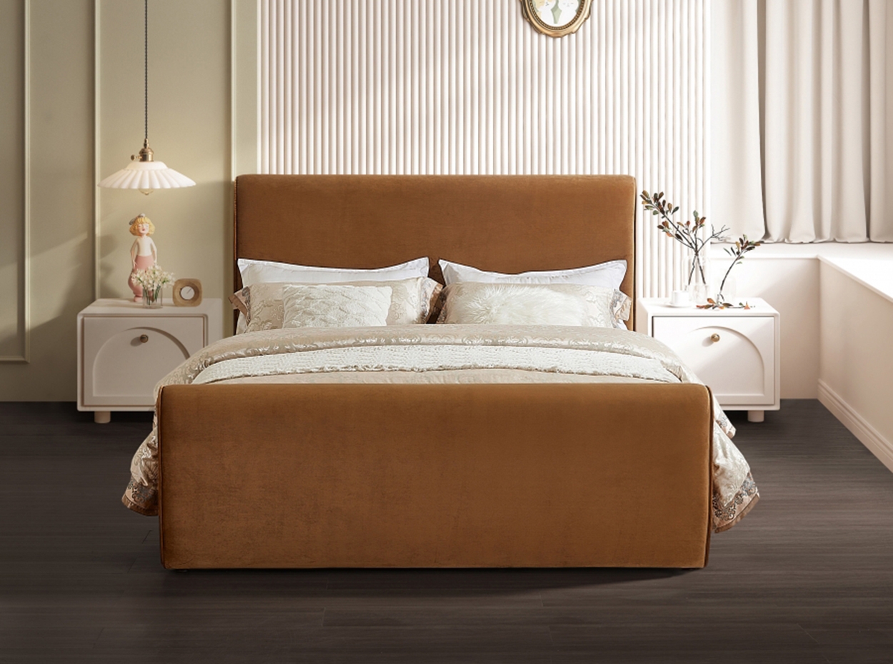 Platform Bed: Cognac Velvet High Upholstered Footboard