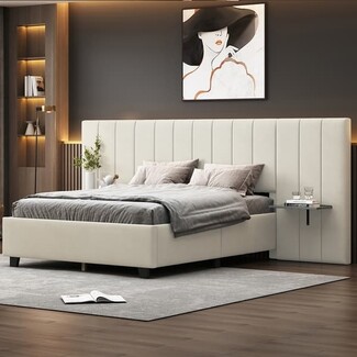 Platform Bed Cream Velvet Wingback Integrated Bedside Shelf