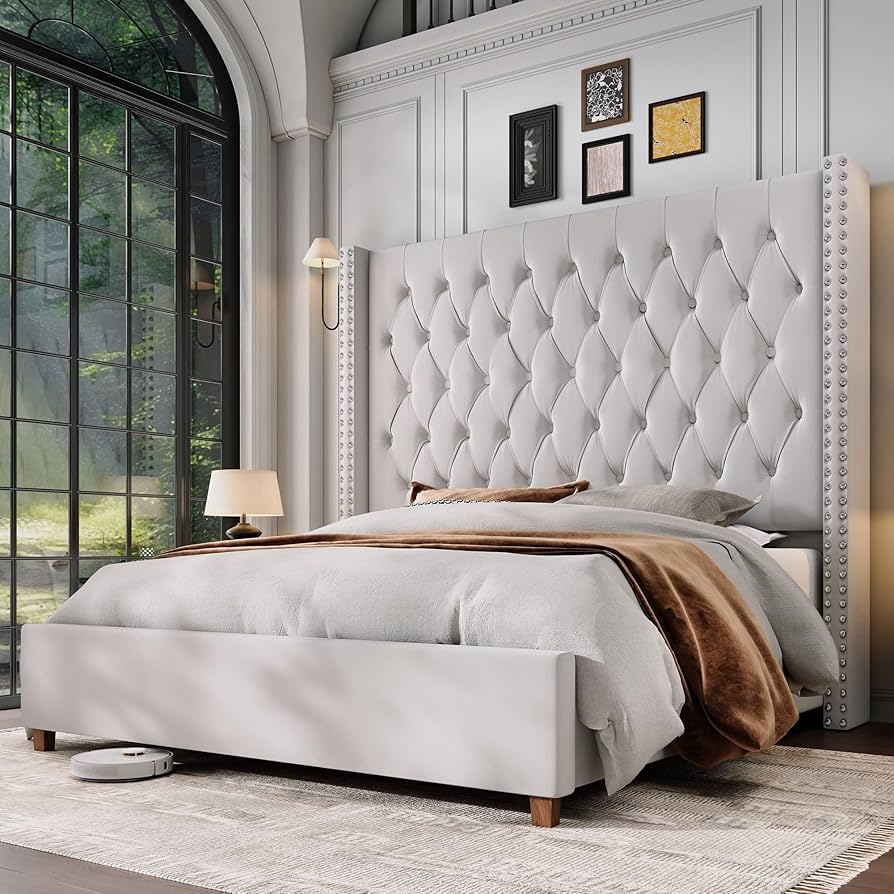 Platform Bed Cream White 61 Inch Headboard Tufted Wingback