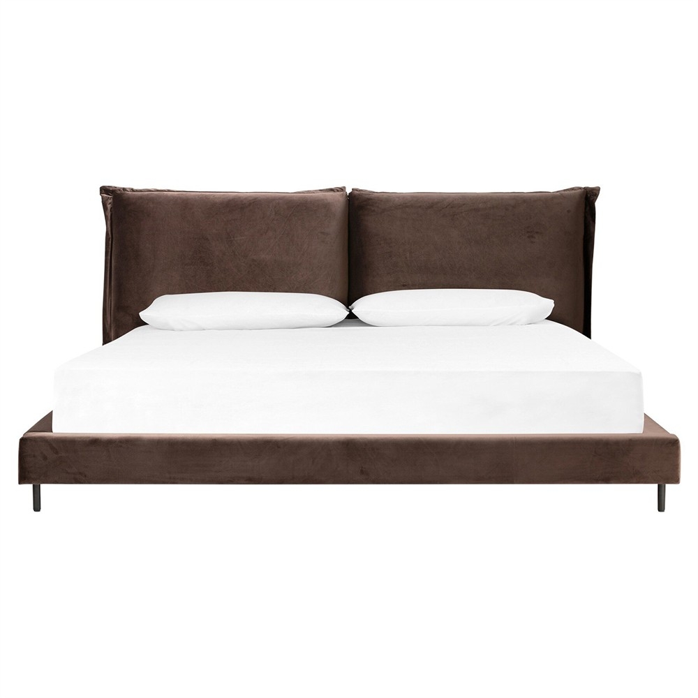 Platform Bed: Dark Brown Split Headboard Velvet Low Profile