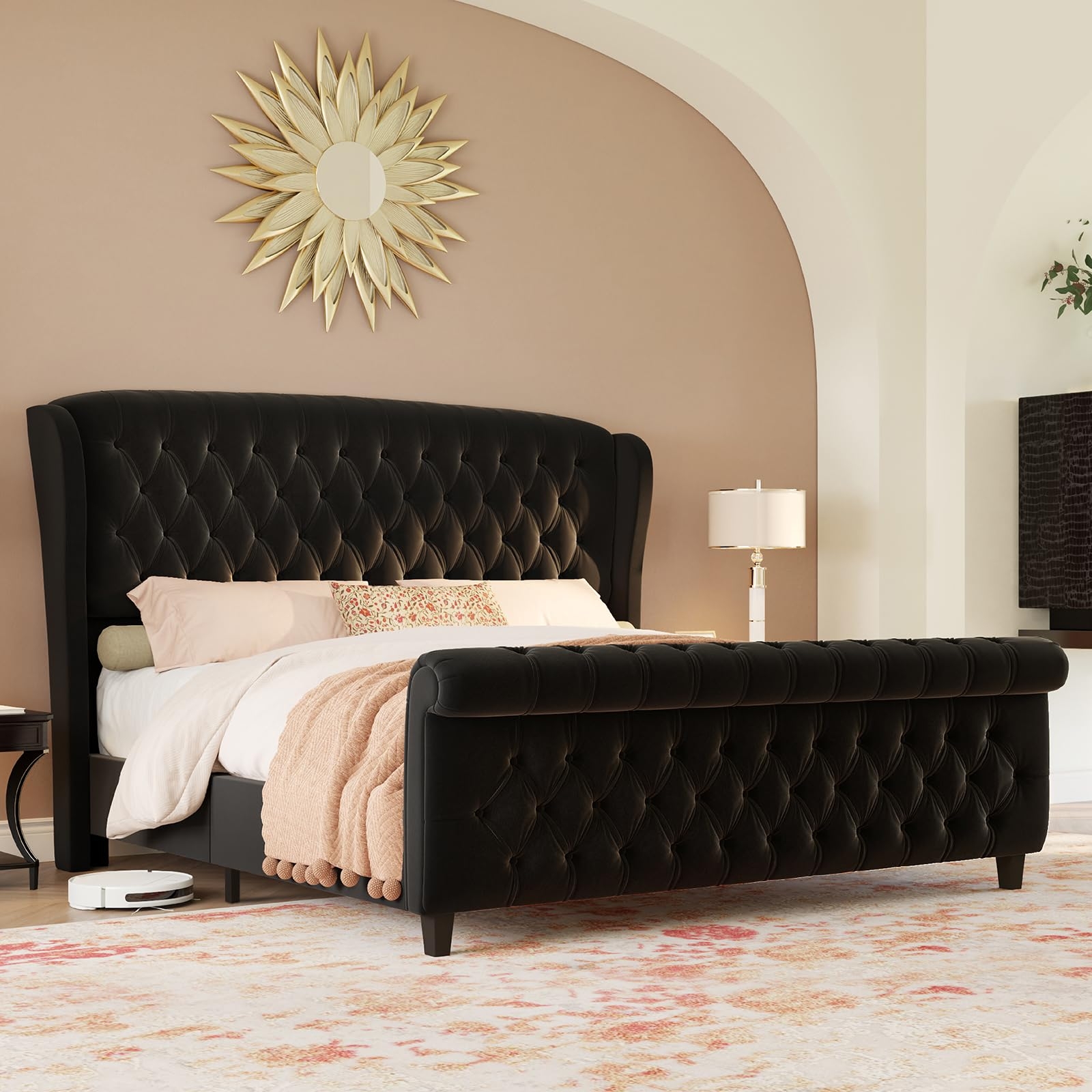 Platform Bed: Deep Button Tufted Matte Black Wingback Bed