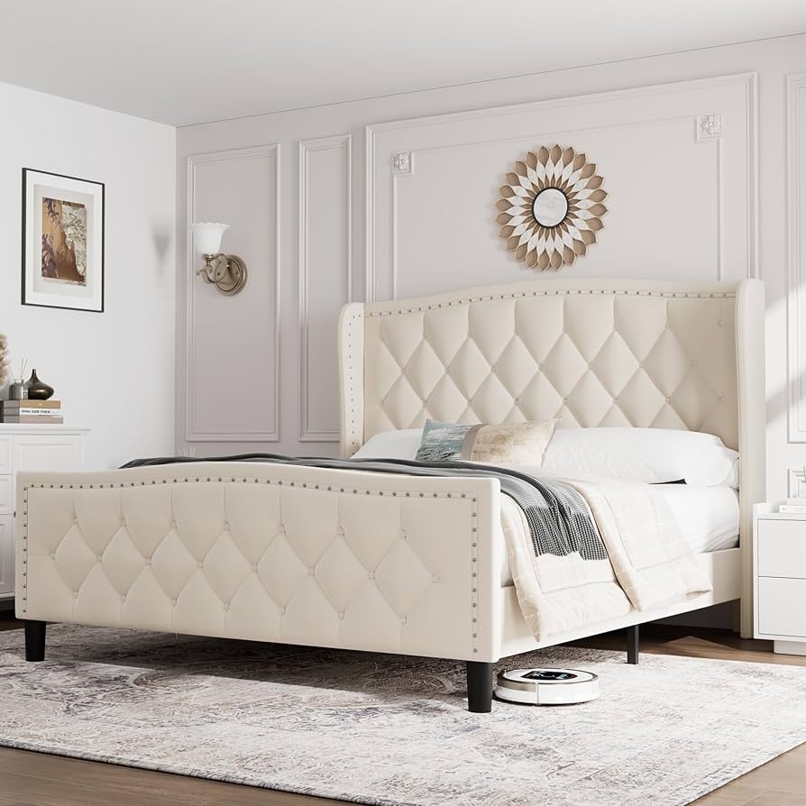 Platform Bed Diamond Button Tufting wingback platform bed