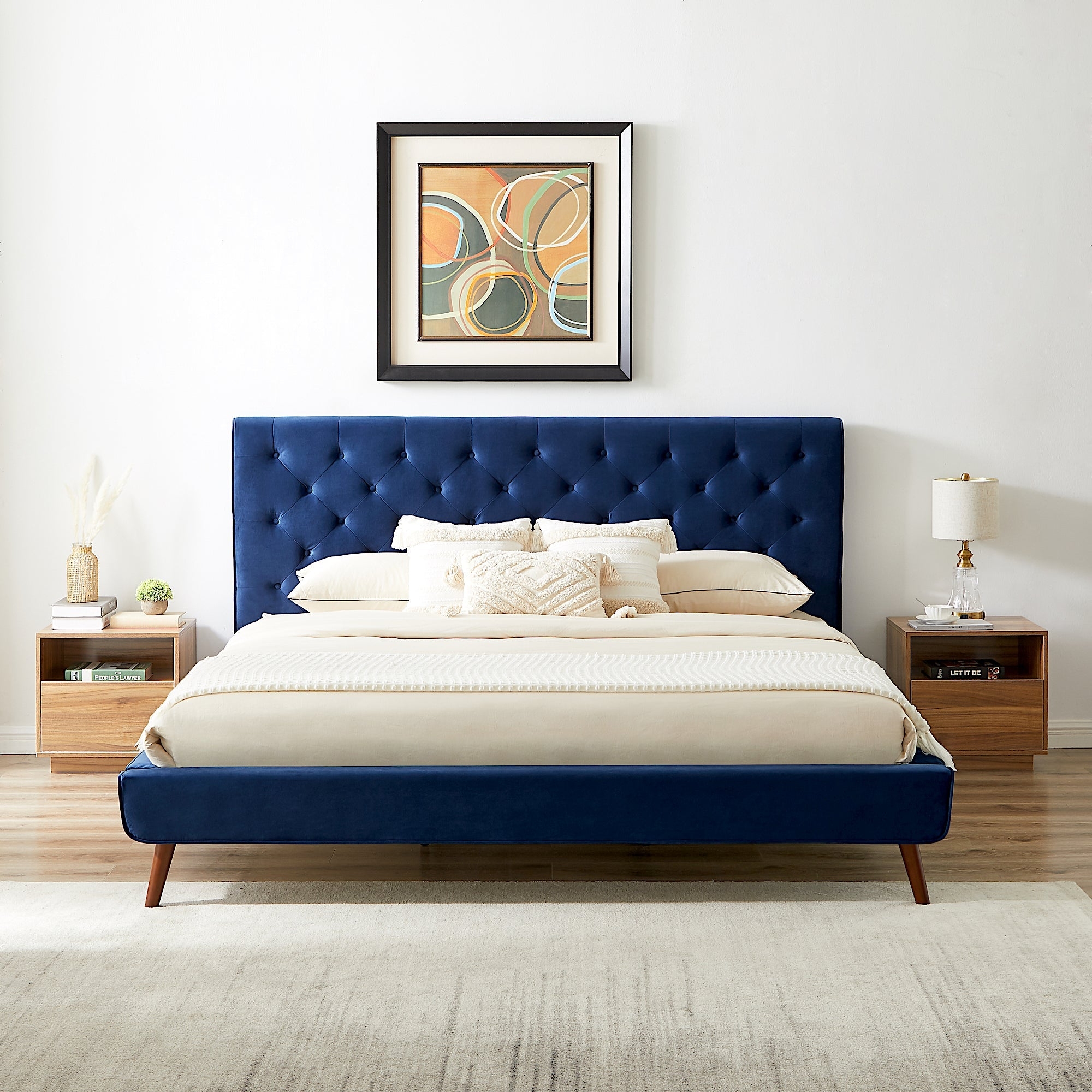 Platform Bed Diamond Tufting and Tapered Wood Legs Mid Century