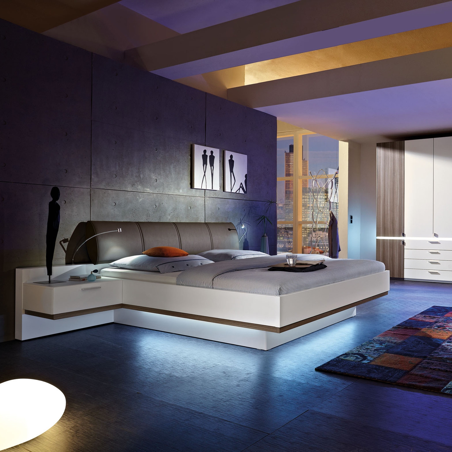 Platform Bed featuring floating frame and integrated LED lighting