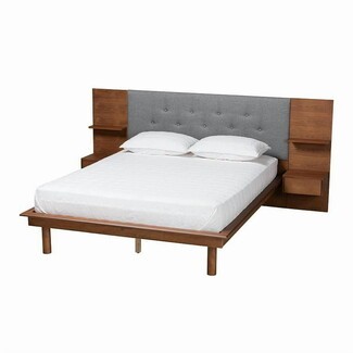 Platform Bed featuring walnut brown wood and button tufted headboard