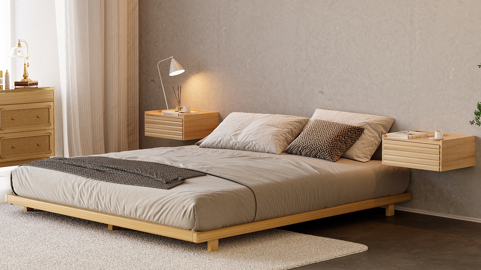 Platform Bed: Floating Nightstands and Japandi Low Bed