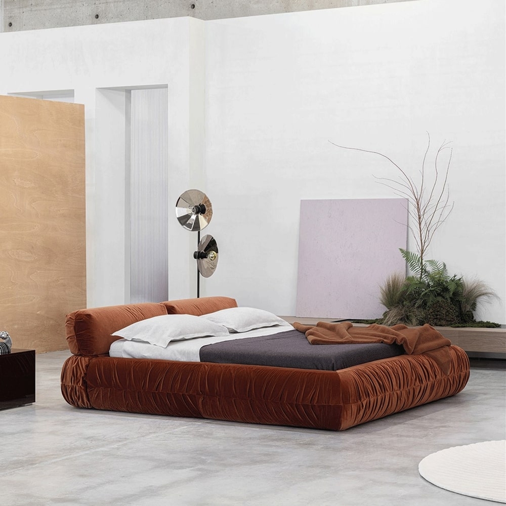 Platform Bed: Gathered Velvet Base Low Slung Design
