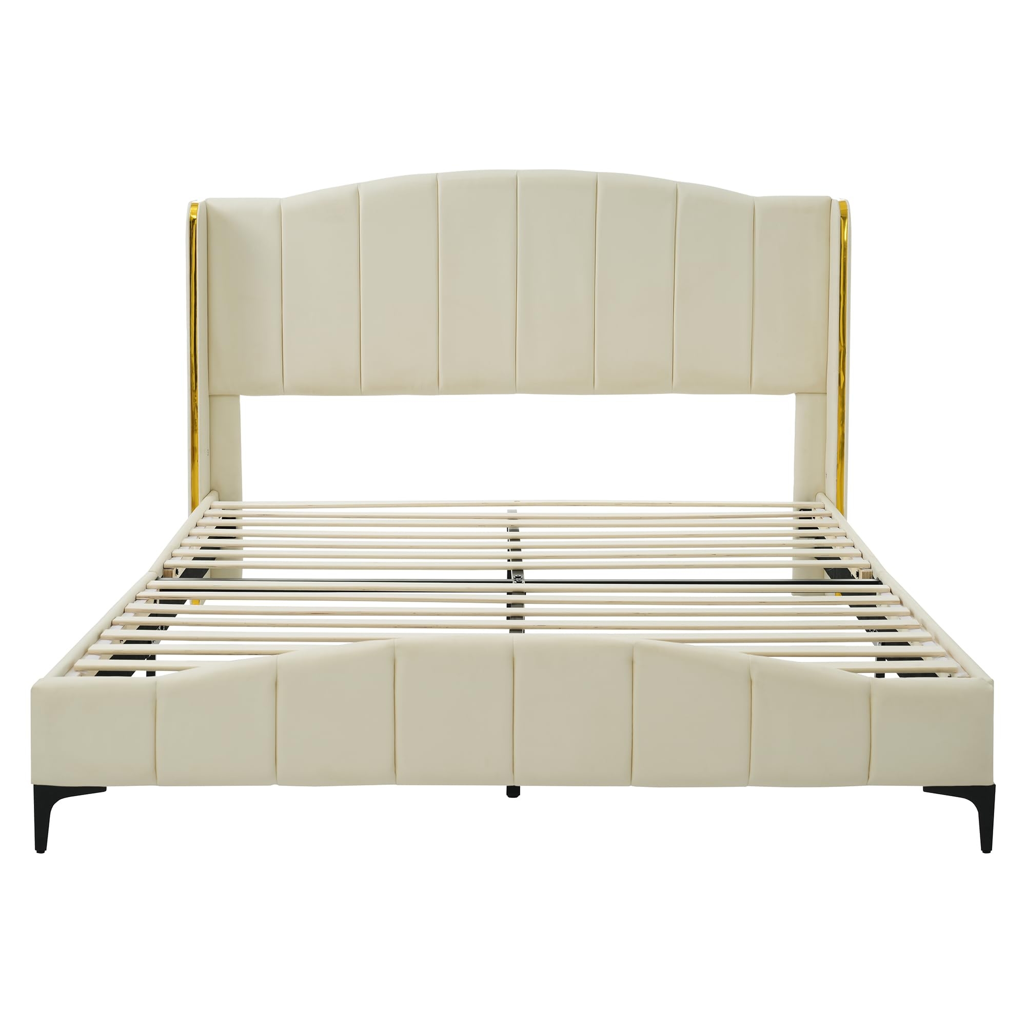 Platform Bed Gold Metal Wingback Accents glam platform bedstead