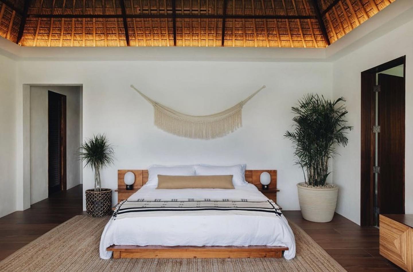 Platform Bed in acacia wood tone with low profile platform base