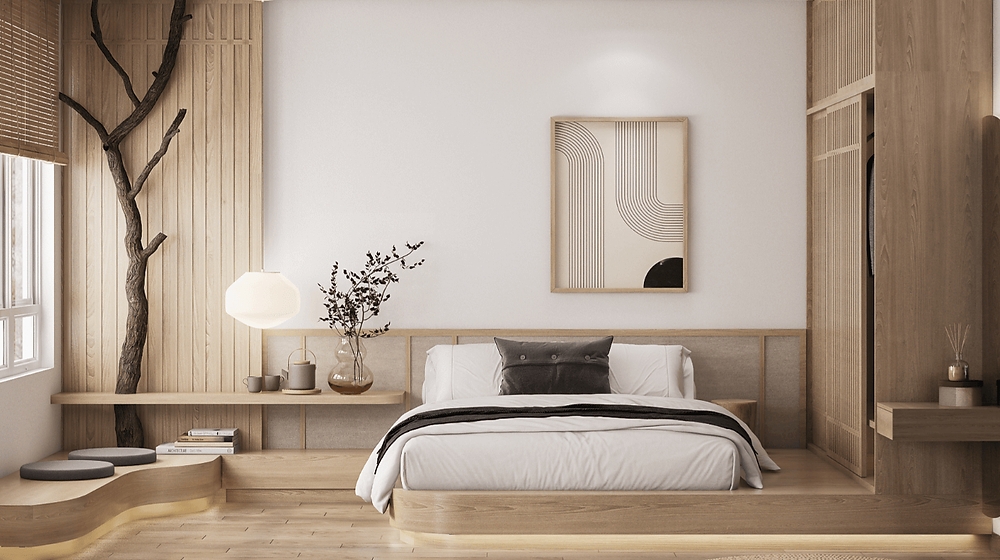 Platform Bed: Integrated Branch and Modern Zen Lighting