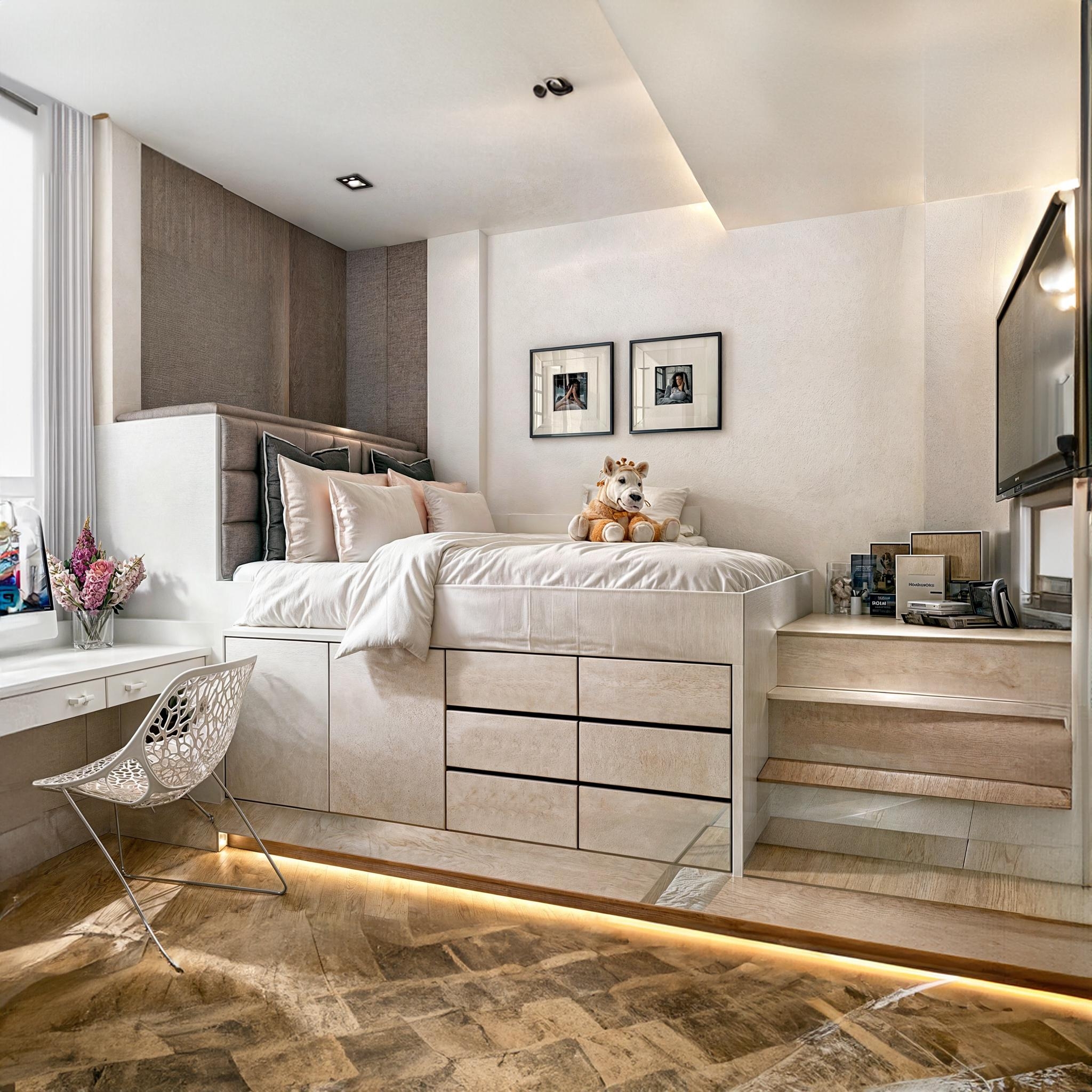 Platform Bed: Light Wood with Integrated Steps and Drawers