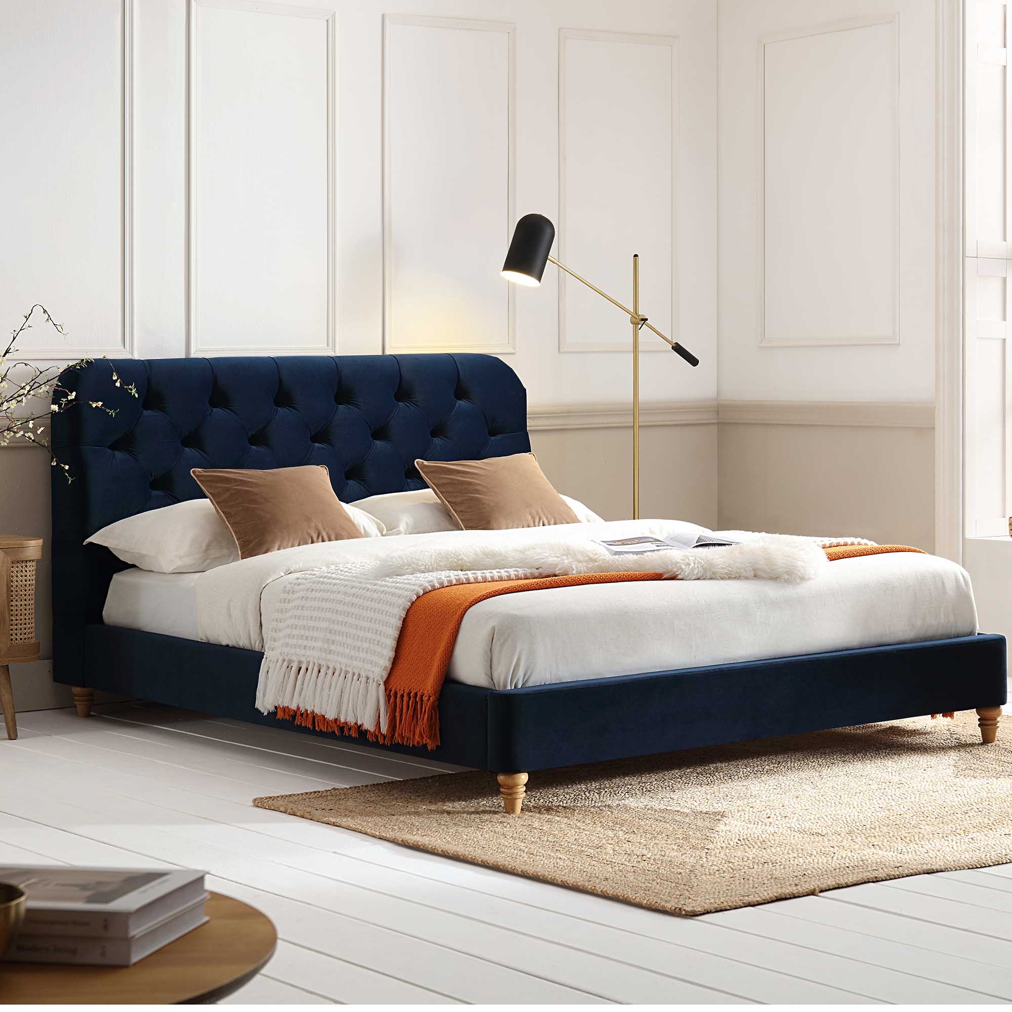 Platform Bed Midnight Blue Velvet with Turned Wood Feet Frame