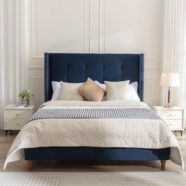 Platform Bed Nailhead Trim and Transitional Navy Velvet