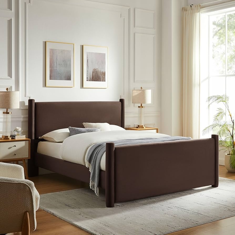 Platform Bed: Rounded Posts Chocolate Brown Velvet Frame