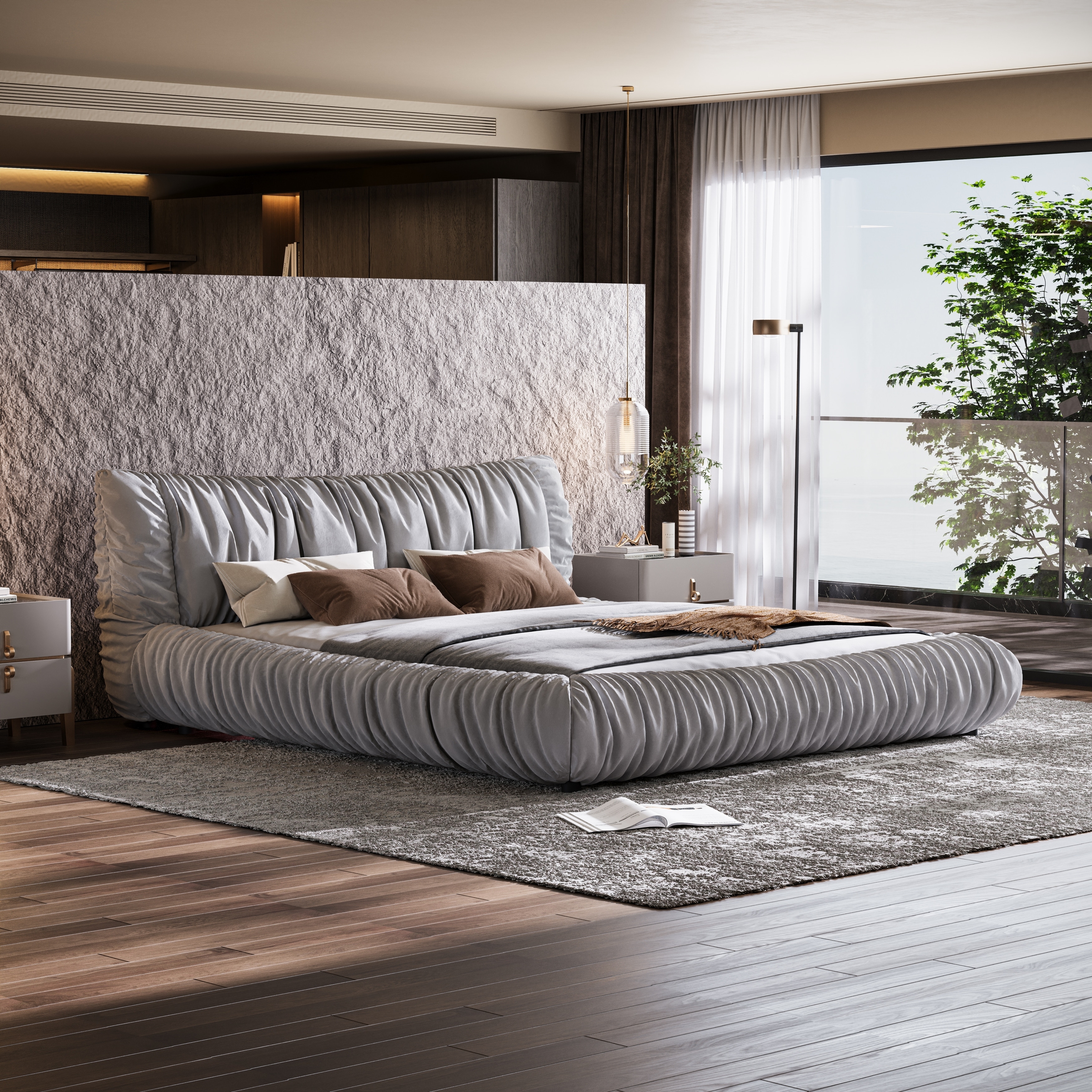 Platform Bed Ruched Headboard Gray Gathered Fabric Frame