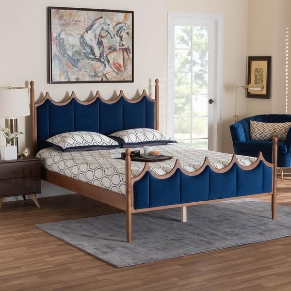 Platform Bed Scalloped Headboard in Walnut Brown Wood Frame