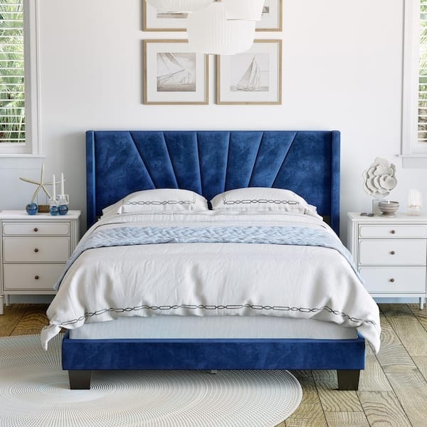 Platform Bed Sunburst Channel Tufting in Royal Blue Velvet