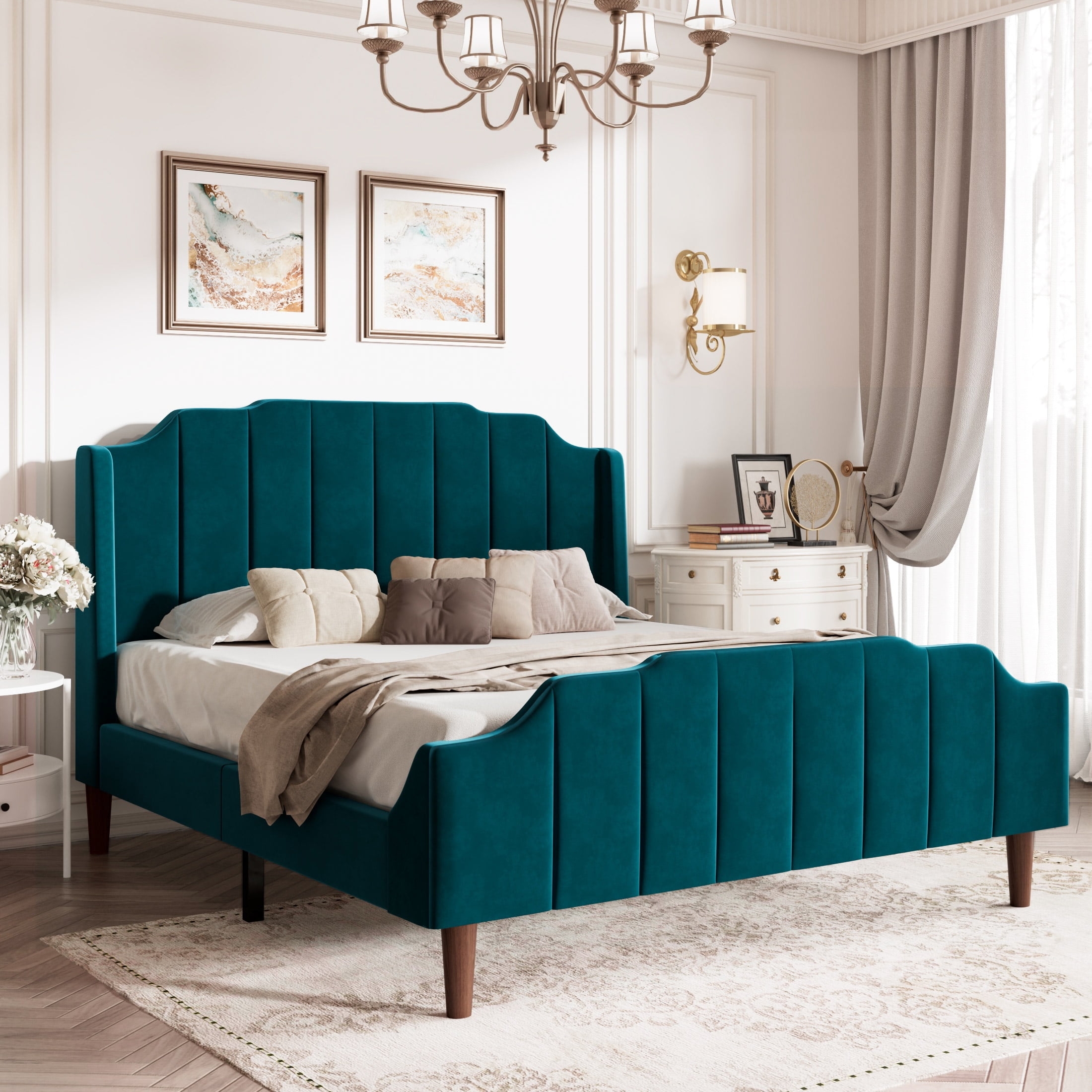 Platform Bed Teal Velvet Wingback Curve and Channeled Footboard