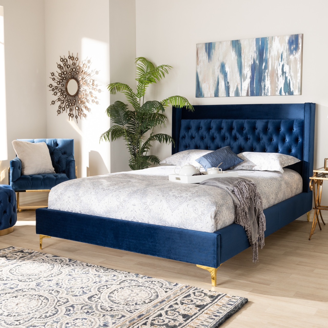 Platform Bed Tufted Wingback Headboard with Gold Tapered Legs