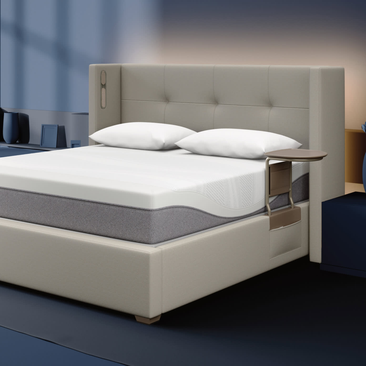 Platform Bed Tufted Winged Headboard Integrated Side Table