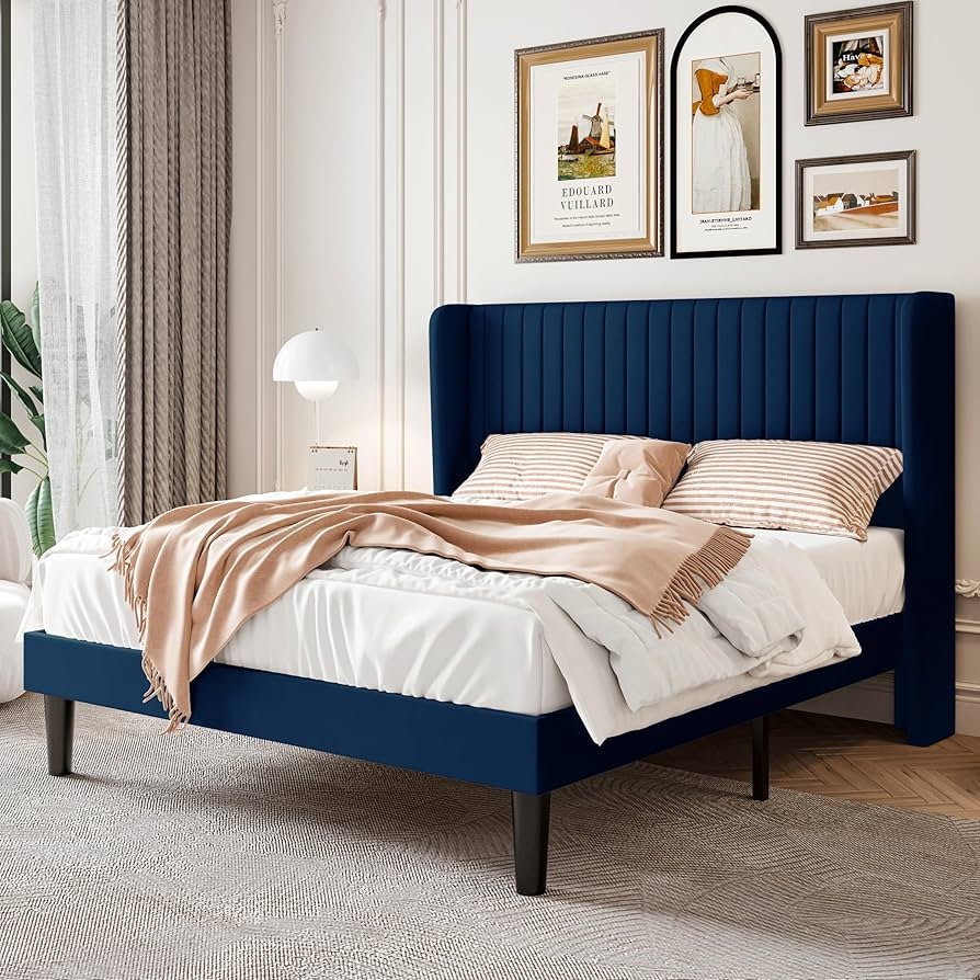 Platform Bed Vertical Channel Tufting Wingback Headboard Frame